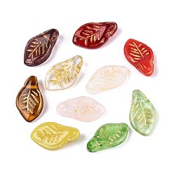 (52) Непрозрачная лаванда Прозрачные стеклянные бусины, лист, золотой металл обвитыми, разноцветные, 12x7x4 мм, отверстие : 0.8~1 мм