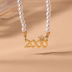 Number Женские ожерелья из круглого белого бисера с имитацией жемчуга и подвеской в виде короны в виде года рождения, золотые, число 2000, 14.96 дюйм (38 см)