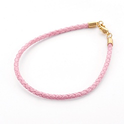 Бледно-Розовый Плетеный кожаный шнур браслет решений, с 304 из нержавеющей стали Lobster Claw застежками, золотые, розовый жемчуг, 8-3/8 дюйм (21.4 см), 3 мм