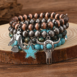 Кокосово-Коричневый 4шт. браслеты из синтетической бирюзы, бусин CCB и дерева, наборы браслетов с подвесками из сплава для женщин, разнообразные, кокосового коричневый, 5-7/8 дюйм (15 см)