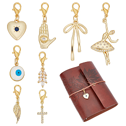 Golden 8Pcs Brass Pave Cubic Zirconia Enamel Pendant Decorations, with Alloy Lobster Claw Clasps, Mixed Shapes, Golden, 28~51mm