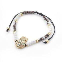 Black Glass Braided Bead Bracelets, with Brass and Cubic Zirconia, Pineapple, Black, 2 inch~3-3/8 inch(5~8.5cm)