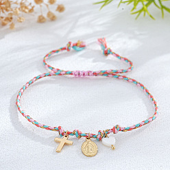 Разноцветный Браслеты с подвесками из латуни и натуральных ракушек, регулируемые плетеные браслеты из волоконного шнура для женщин, крест и овал с Девой Марией и сердцем, красочный, внутренний диаметр: 11 дюйм (28 см)