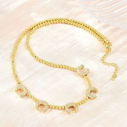 Real 18K Gold Plated Brass Micro Pave Clear Cubic Zirconia Double Horn and Round Beaded Necklaces, Cadmium Free & Lead Free, Rack Plating, Long-Lasting Plated, Real 18K Gold Plated, 17.13 inch(43.5cm)