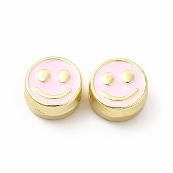 Бледно-Розовый Рейка покрытие сплава эмалевые бусины, без кадмия, без никеля и без свинца, плоский круглый с рисунком улыбающегося лица, золотой свет, розовый жемчуг, 7.5x4 мм, отверстие : 2 мм
