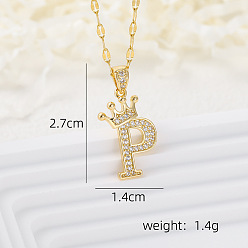 Letter P Латунные микропаве прозрачные кубические цирконии корона инициал кулон ожерелья, реальный 18 k позолоченный, Письмо P, 15.75 дюйм (40 см)