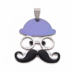 Medium Purple 201 Stainless Steel Enamel Pendants, Human with Mustache and Hat, Medium Purple, 35x31.5x2mm, Hole: 8x4mm