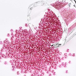 Medium Violet Red 8/0 Glass Seed Beads, Inside Colours, Round Hole, Round, Transparent Colours Rainbow, Medium Violet Red, 8/0, 3~4x2~3mm, Hole: 0.8mm, about 15000pcs/bag