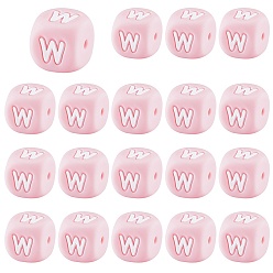 Letter W 20 piezas de cuentas de silicona con letras de cubo rosa 12x12x12 mm cuentas cuadradas del alfabeto con dados con 2 mm agujero espaciador cuentas de letras sueltas para la fabricación de joyas de collar de pulsera, carta.w, 12 mm, agujero: 2 mm