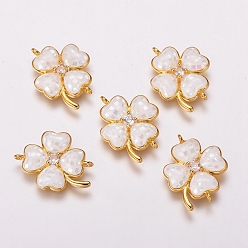 Golden Brass Micro Pave Cubic Zirconia Links, with Freshwater Shell, Clover, Golden, 19x20.5x3mm, Hole: 1mm