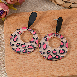 Ярко-Розовый Стильные акриловые серьги-гвоздики с леопардовым принтом, плоско-круглые, ярко-розовый
