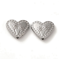 Нержавеющая Сталь Цвет Устойчивы к потускнению 304 бусины из нержавеющей стали, Сердце со цветками , цвет нержавеющей стали, 10x11.5x3 мм, отверстие : 1.2 мм
