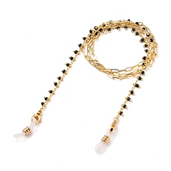 Black Eyeglasses Chains, Neck Strap for Eyeglasses, with Glass Beads, Brass Paperclip Chains, 304 Stainless Steel Lobster Claw Clasps and Rubber Loop Ends, Real 18K Gold Plated, Black, 27.56 inch(70cm)