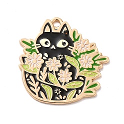 Black Alloy Enamel Pendants, Golden, Cat with Flower Charm, Black, 28x28x1mm, Hole: 2mm