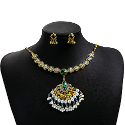 Золотой Комплекты серег и ожерелий из сплава веерных страз и пластикового жемчуга в стиле бохо, золотые, 428 мм