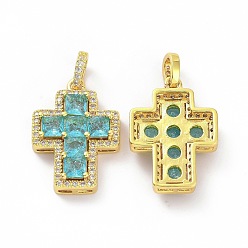 Cyan Brass Micro Pave Clear Cubic Zirconia Pendants, Cross, Religion, Cyan, 24x17x5mm, Hole: 3.5x5~5.5mm