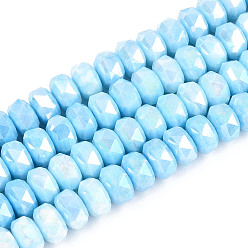 Светло-Голубой Антикоррозийные гальванические стеклянные бусины, имитация драгоценных камней, рондель, с покрытием AB цвета, граненые, два тона, Небесно-голубой, 8x5~6 мм, отверстие : 1.2 мм, около 68~77 шт / нитка, 14.76~15.16'' (37.5~38.5 см)