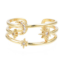 Настоящее золото 18K Кольцо-манжета со сверкающим кубическим цирконием в виде луны и звезды, открытое кольцо из латунной проволоки для женщин, без никеля , реальный 18 k позолоченный, размер США 7 3/4 (17.9 мм)
