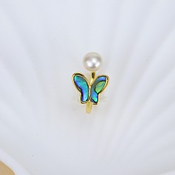 Бабочка Натуральный пресноводный жемчуг с кольцами-манжетами из натуральных ракушек, золотые, бабочка, внутренний диаметр: 15~19 мм