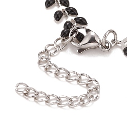 Black Enamel Wheat Link Chains Bracelet, 304 Stainless Steel Jewelry for Women, Stainless Steel Color, Black, 6-7/8 inch(17.5cm)