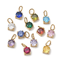 Doré  304 pendentifs pavés de zircons cubiques en acier inoxydable, charmes de pierre unique, charmes rondes plates, couleur mixte, or, 8x6x5mm, Trou: 4mm, environ 12 pcs / ensemble