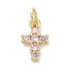 Бледно-Розовый Латунные микро проложить кубического циркония подвески, крест прелести, без свинца и без кадмия, стойки покрытие, долговечный, реальный 18 k позолоченный, розовый жемчуг, 12x7.5x2.5 мм, Перейти кольцо: 5x0.9 мм, 3.2 мм внутренним диаметром