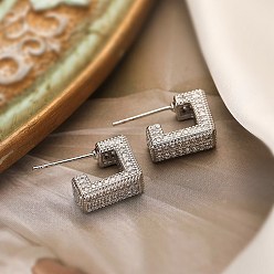 Платина Женские серьги-гвоздики из латуни с микро-паве в форме квадратной коробки с прозрачным кубическим цирконием, платина, 13x5 мм