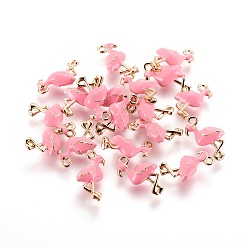Real 18K Gold Plated Brass Enamel Pendants, Flamingo Shape, Nickel Free, Pink, Real 18K Gold Plated, 16x10.5x4.5mm, Hole: 1.4mm