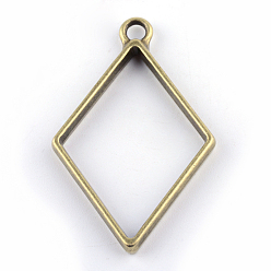 Antique Bronze Rack Plating Alloy Rhombus Open Back Bezel Pendants, For DIY UV Resin, Epoxy Resin, Pressed Flower Jewelry, Cadmium Free & Nickel Free & Lead Free, Antique Bronze, 40x25.5x3.5mm, Hole: 3mm