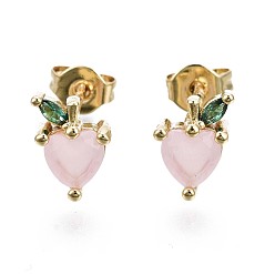 Golden Brass Micro Pave Cubic Zirconia Stud Earrings, with Cat Eye and Ear Nuts, Cadmium Free & Nickel Free & Lead Free, Heart, Pink, Golden, 8x6mm, Pin: 0.7mm
