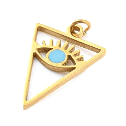 Light Sky Blue 304 Stainless Steel Charms, with Enamel and Jump Ring, Real 14K Gold Plated, Triangle with Eye Charm, Light Sky Blue, 15x10x1mm, Hole: 2mm