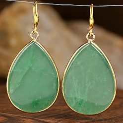 Зеленый Авантюрин Серьги-подвески из натурального зеленого авантюрина в форме капли, с крюком из нержавеющей стали 304, золотые, 40x20 мм