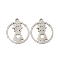 Нержавеющая Сталь Цвет 201 подвески из нержавеющей стали для лазерной резки, плоский круглый с амулетом Вирхен дель Пилар, цвет нержавеющей стали, 17x15x1 мм, отверстие : 1.4 мм