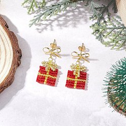 (123L) Белый крем непрозрачный блеск Серьги-гвоздики из стеклянных бусин ручной работы, с латунным, золотые, рождественский подарок с бантом, огнеупорный кирпич, 32x16 мм