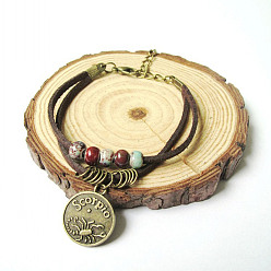 Скорпион 12 браслеты с подвесками в виде созвездий, браслеты из фарфоровых бусин ручной работы для мужчин, плоско-круглые, с плоской искусственной замши шнур, Скорпион, 5-7/8 дюйм (15 см)