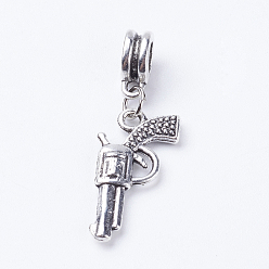 Antique Silver Tibetan Style Alloy European Dangle Charms, Large Hole Pendants, Gun, Antique Silver, 35mm, Hole: 5mm, pendant: 23x12x3mm