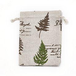 Coconut Brown Polycotton(Polyester Cotton) Packing Pouches Drawstring Bags, with Printed Leaf and Word, Coconut Brown, 18x13cm