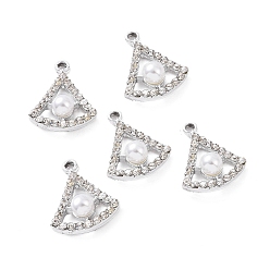 Platinum Alloy Rhinestone Pendants, with ABS Plastic Imitation Pearl Beads, Fan Charm, Platinum, 23x18.5x7.5mm, Hole: 2.3mm