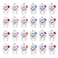 Mixed Color 24Pcs 6 Colors Opaque Resin Pendants, Smiling Tooth with Flower Charm, with Platinum Iron Loop, Mixed Color, 35x22x18mm, Hole: 2mm, 4pcs/color