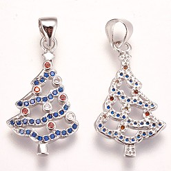 Платина Латунные микро проложить кубического циркония подвески, рождественская елка, красочный, платина, 23x13x2 мм, отверстие : 3x5 мм