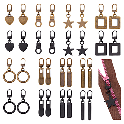 Mixed Shapes 32Pcs 16 Styles Detachable Zinc Alloy Zipper Sliders, Mixed Shapes, 38~50mm, 2pcs/style