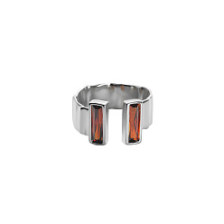 Dark Red Brass Pave Cubic Zirconia Cuff Open Rings, Rectangle, Platinum, Dark Red, Inner Diameter: 15~20mm