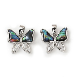 Платина Подвески из латуни, ракушек пауа и прозрачных кубических цирконий, бабочки прелести, платина, 13.5x15.5x4 мм, отверстие : 4.5x2.5 мм