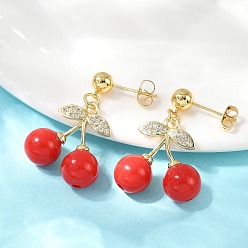 Настоящее золото 18K Серьги-гвоздики из вишневой латуни с кубическим цирконием, с эмалью, реальный 18 k позолоченный, 30x21.5 мм