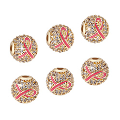 Golden 6Pcs Brass Micro Pave Cubic Zirconia Beads, Enamel Style, Round, Golden, 10mm, Hole: 2mm