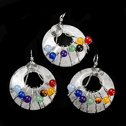 Quartz Crystal Chakra Natural Quartz Crystal Flat Round Pendants, 7 Chakra Charms with Rack Plating Copper Wire Wrapped, Platinum, 39x28~29x11~23mm, Hole: 5mm