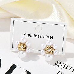 Золотой Ионное покрытие (ip) 304 серьги-гвоздики с цветком из нержавеющей стали, с искусственным жемчугом и стразами для женщин, золотые, 19x16 мм