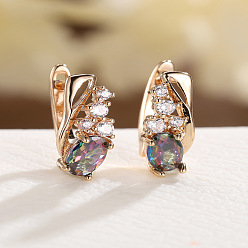 Светло-серый Серьги-кольца из латуни со стразами в форме капли, розовое золото , светло-серый, 17x6 мм