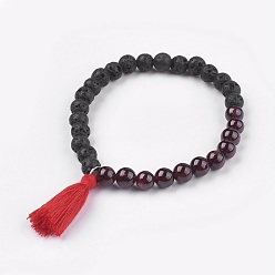 Garnet Natural Garnet Stretch Bracelets, with Lava Rock and Cotton Thread Tassel, 2-1/8 inch(5.5cm)