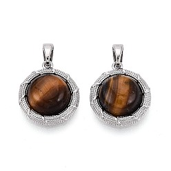 Платина Природных тигровый глаз подвески, латунные плоские круглые подвески, платина, 17x15x6 мм, отверстие : 4.5x3 мм